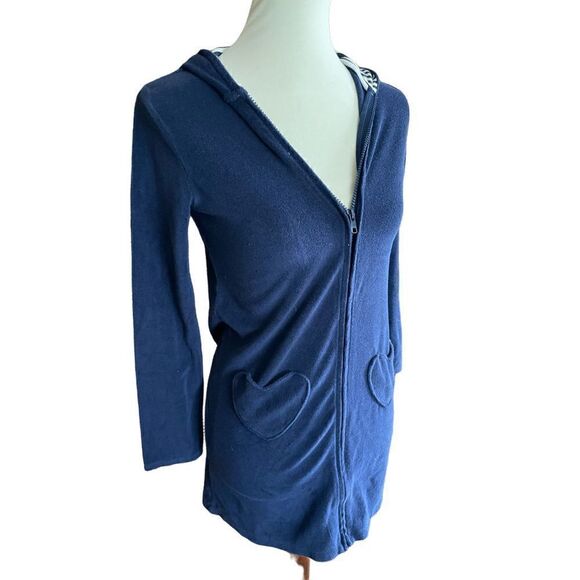Lands End Navy Blue & White Full Zip Hooded Swim/Pool/Beach Cover Up Youth M - Picture 1 of 8
